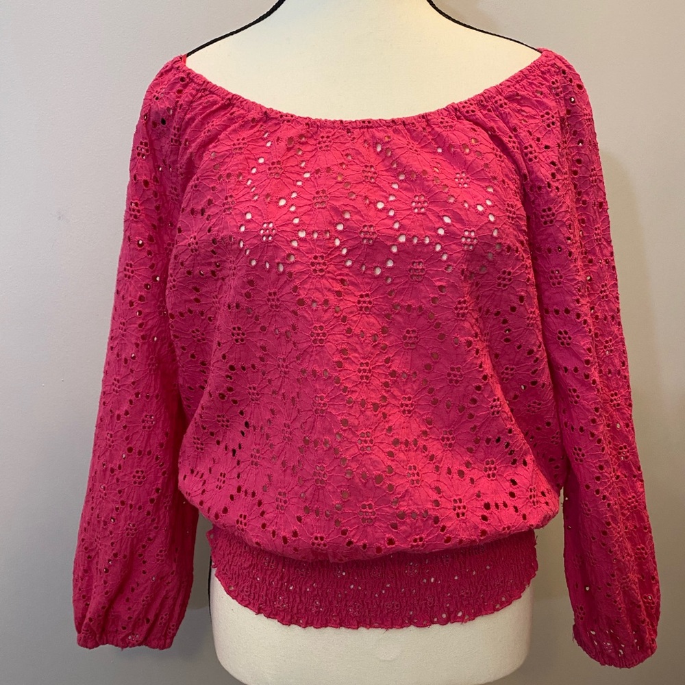 Cleo 100% Cotton Fuchsia Hot Pink Eyelet Peasant Style Blouse Size Small Petite
